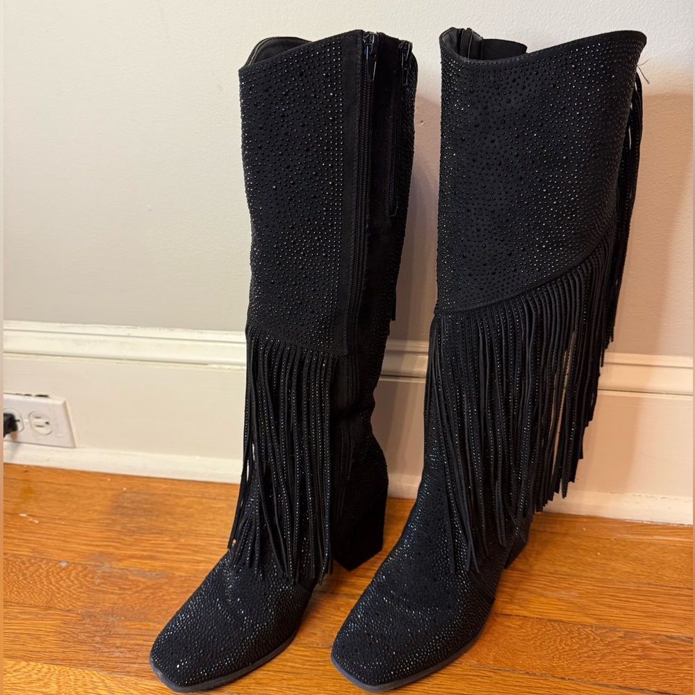 Pierre Dumas Rockstar Cowgirl Cowboy Black Rhinestone Fringe Knee-High Boots